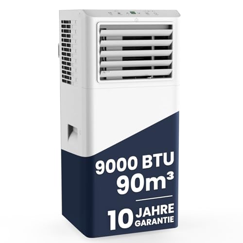 Newentor Klimaanlage Mobil 9000 BTU/2,6 kW, Mobile Klimaanlage mit Abluftschlauch, Mobiles Klimagerät für Räume bis 90m³/33㎡, Kühlen/Entfeuchten/Ventilieren mit Fernbedienung, 10-jährige Garantie