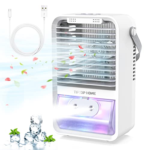 Mobile Klimageräte, Mini Luftkühler, 4 in 1 Klimaanlage mit Aromatherapie und Luftbefeuchter, USB Air Cooler mit 7 LED Leuchten, 3 Windgeschwindigkeiten für Zuhause, Büro, Drinnen Draußen Grau