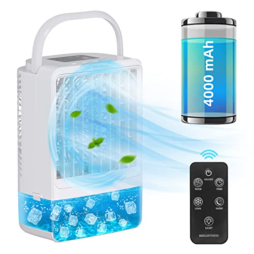 Mobile Klimaanlage Mini Luftkühler, Air Cooler Klimagerät mit 4000mAh Eingebauter Akku, Geringer Energieverbrauch, 3 Geschwindigkeiten, 2 Nebelöffnungen, 2/4 Timer Weiß Ventilator Klimagerät