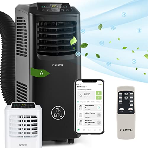 Klarstein Mobile Klimaanlage, 4-in-1 Klimagerät, Entfeuchter, Ventilator & Nachtmodus, Mobile Klimaanlage mit Abluftschlauch, App-Steuerung, Air Conditioner für Räume bis 34 m², 7000 BTU, Schwarz