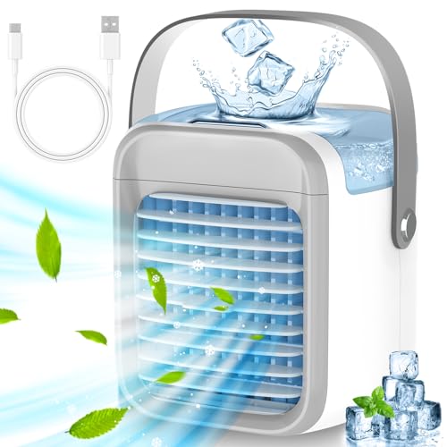 Mobile Klimaanlage Mobil für Schnelle Kühlung, Ventilator mit Wasserkühlung 3 Luftgeschwindigkeiten 7 Farben Nachtlicht USB Aufladbar, Mobiles Klimagerät Ohne Abluftschlauch für Camping Auto Zimmer