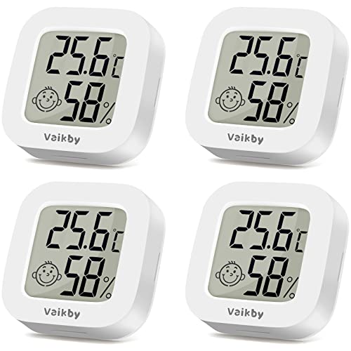 Vaikby Mini Digital Thermometer Hygrometer innen 4 Stück, raumthermometer zimmerthermometer temperatur und luftfeuchtigkeitsmesser, Hochgenauer temperatursensor für Innenraum Babyraum Wohnzimmer Büro