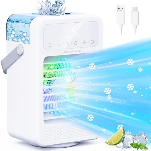 Mobiles Klimagerät Mini Klimaanlage Mobil Luftkühler Leise Ventilator mit Wasserkühlung - Natural Wind & 2 Nebelwind Modi, 5 Geschwindigkeiten, 1-8H Timer, Bunte Lichter, 90° Oszillation Funktion