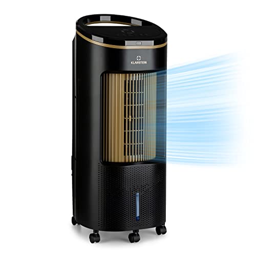 Klarstein Klimaanlage ohne Abluftschlauch, 5-in-1 Air Cooler, Leiser Ventilator, Luftbefeuchter & Nachtmodus, Mobiles Klimagerät mit Wasserkühlung, Luftkühler 7 Liter, 330 m³/h, Schwarz / Gold
