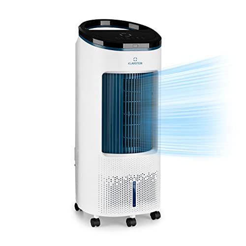 Klarstein Klimaanlage ohne Abluftschlauch, 5-in-1 Air Cooler, Leiser Ventilator, Luftbefeuchter & Nachtmodus, Mobiles Klimagerät mit Wasserkühlung, Luftkühler 7 Liter, 330 m³/h, Weiß/Blau