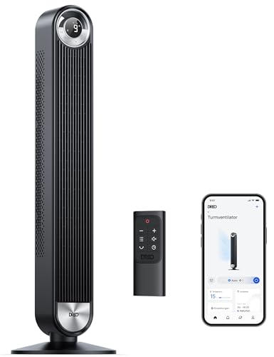 Dreo 25dB Smart Leiser Turmventilator mit Kühlung, 106cm WiFi Alexa Tower Fan, 90° oszillierender Ventilator, Fernbedienung 9-Geschwindigkeit 4 Modi 12 Std Timer Sprachsteuerung, Schwarz