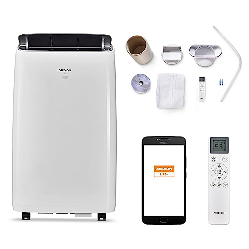 MEDION X960HS smarte mobile Klimaanlage mit Abluftschlauch (inkl. Fensterabdichtung, 4in1, bis 32qm, 9.600 BTU, Kühlen Heizen Entfeuchten Ventilieren, App Steuerung, leise, Schlafmodus, Staubfilter)