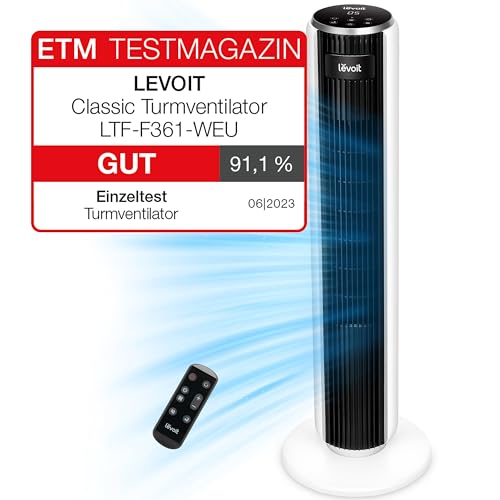 LEVOIT 28dB leiser Turmventilator mit Fortschrittlichem Schlafmodus,7m/s Ventilator mit Fernbedienung,90° Oszillation Tower Fan,4 Modi 5 Geschwindigkeiten,12-Std-Timer, mit Kühlung,Weiß