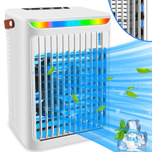 Mini Klimaanlage 5-in-1 Mobile Luftkühler,Tragbarer Klimagerät mit 5 Windgeschwindigkeiten & 2 cooler Nebel,Persönliche kleine Ventilator mit 2/4/6H-Timer und 7 LED-Leuchten für Home Desk Büro-Weiß
