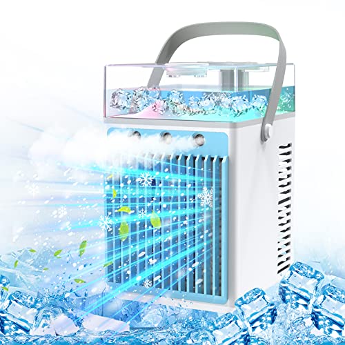 Mobile Klimageräte, 4 in 1 Mini Luftkühler USB Verdunstungskühler mit Wasserkühlung Persönlich Ventilator und Luftbefeuchter, 3 Windgeschwindigkeiten mit 7 LED Wechselleuchten für Hause, Büro, Reisen
