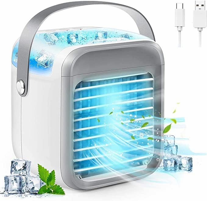 Tragbarer Luftkühler, Persönliche Klimaanlage 4 in 1, Mobiler Verdunstungskühler USB Kleiner Tischlüfter mit 3 Geschwindigkeiten/Luftbefeuchter/Luftreiniger / 7 LED-Licht für Zuhause, Büro, Zimmer