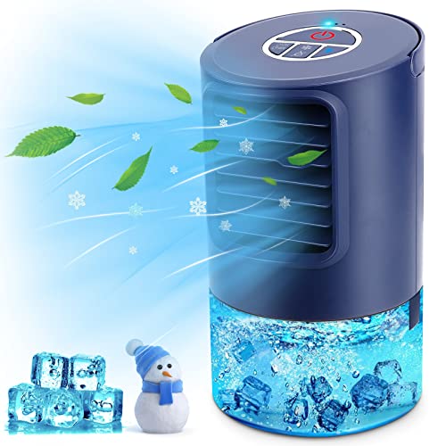 Mobile Klimageräte Mini Luftkühler, Mobile Klimaanlage Leise, Air Cooler Klimagerät Mini 4 in 1 Ventilator, Luftbefeuchter, 3 Geschwindigkeiten, 7 LED Luftkühler Klein für Zuhause und Büro