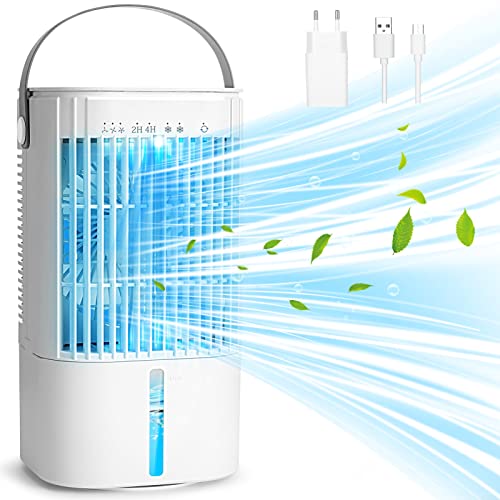 RenFox Mini Luftkühler, Mobile Klimaanlage, Tragbare 5 in 1 Klein Klimagerät, Verdunstungskühler Leise, USB Air Cooler, 90° Oszillation, 1000ml Wassertank, 2/4 Timer, Ventilator für Küche, Büro, Weiß