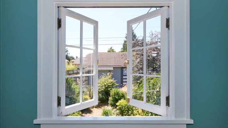 open window to the back yard with small shed