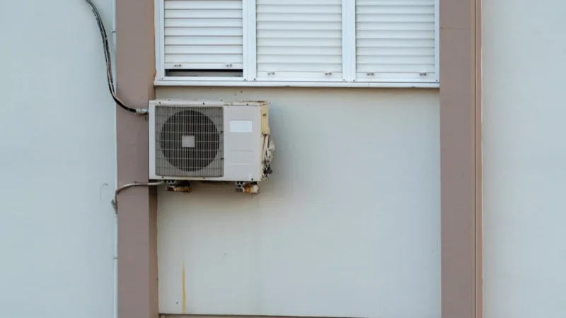Außengerät einer Luft-Luft-Wärmepumpe als Splitgerät an der Hausfassade